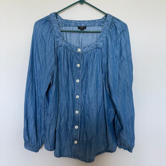 Talbots Shirt Women Large Petite Chambray Button Front Square Neck Long Sleeve - Picture 2 of 6